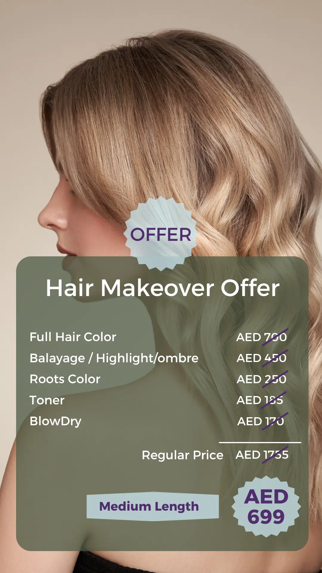 Full hair color makeover offert in Dubai Ombre - balayage and highlights