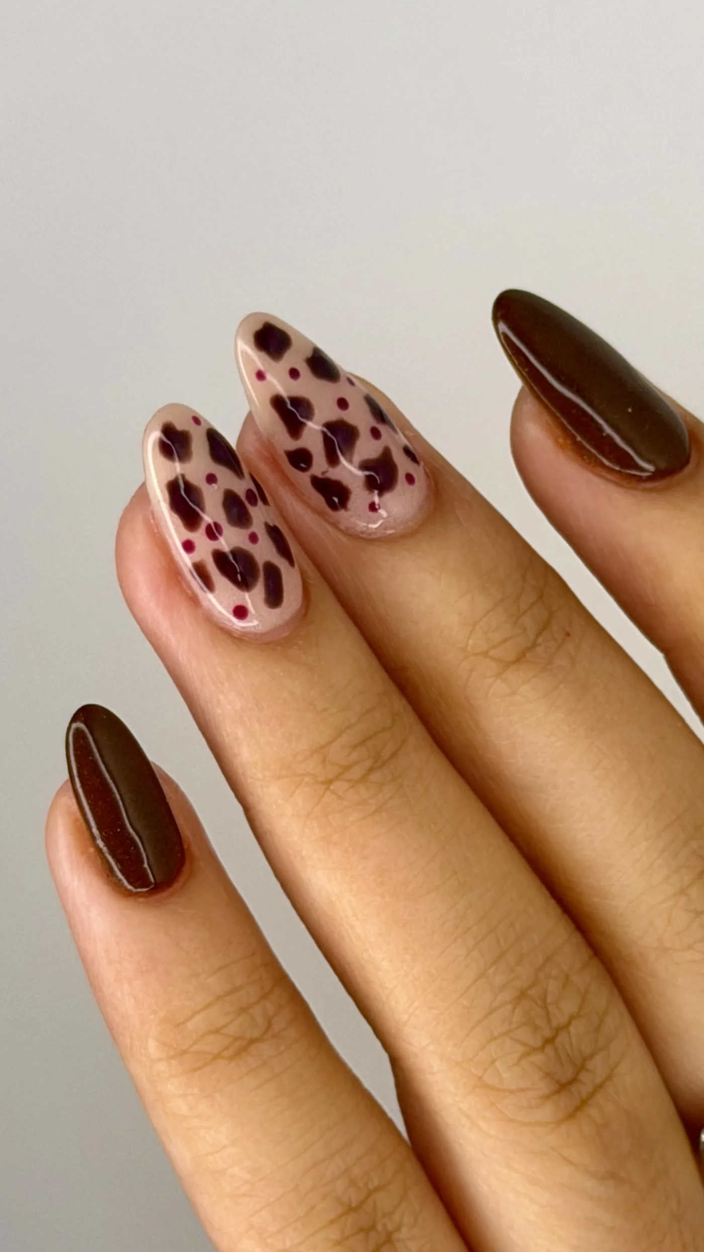 Leopard-print nail art on a Russian manicure at Mimosa Beauty Lounge Dubai