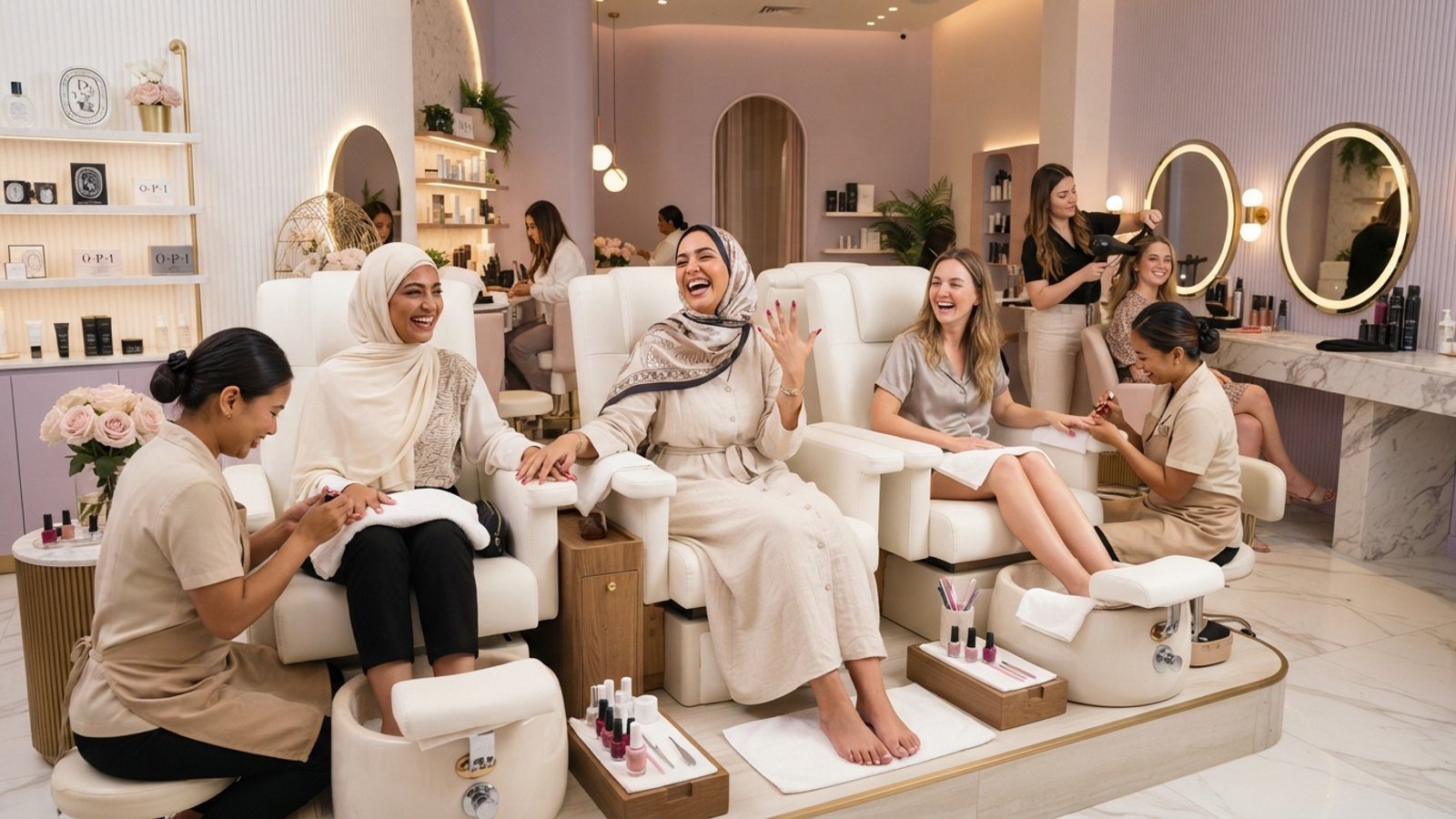 Group of friends getting pedicures and manicures together at a ladies salon in Dubai