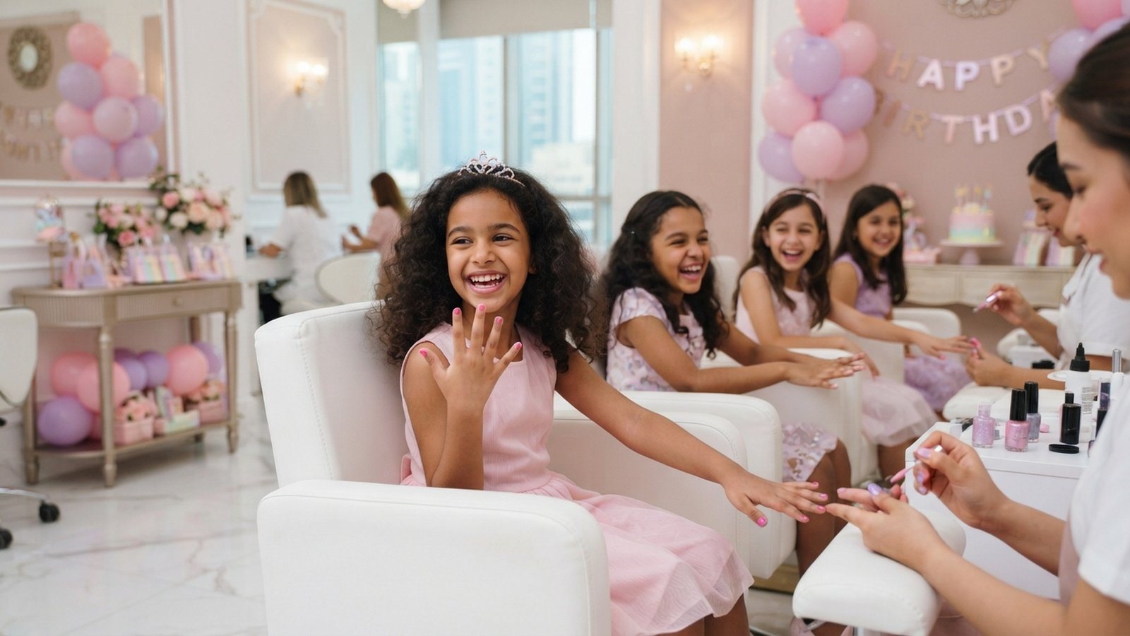 Kids birthday party at a Dubai salon: girls getting mini manicures with balloons and a birthday cake